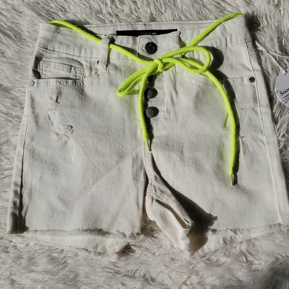 Joes Jeans Girls Cream Denim Shorts with Neon Green Tie